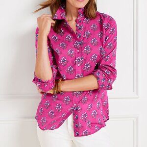 Talbots Women's Shirt Blouse Size SP Petite Cotton Pink Ditsy Heart Barbiecore